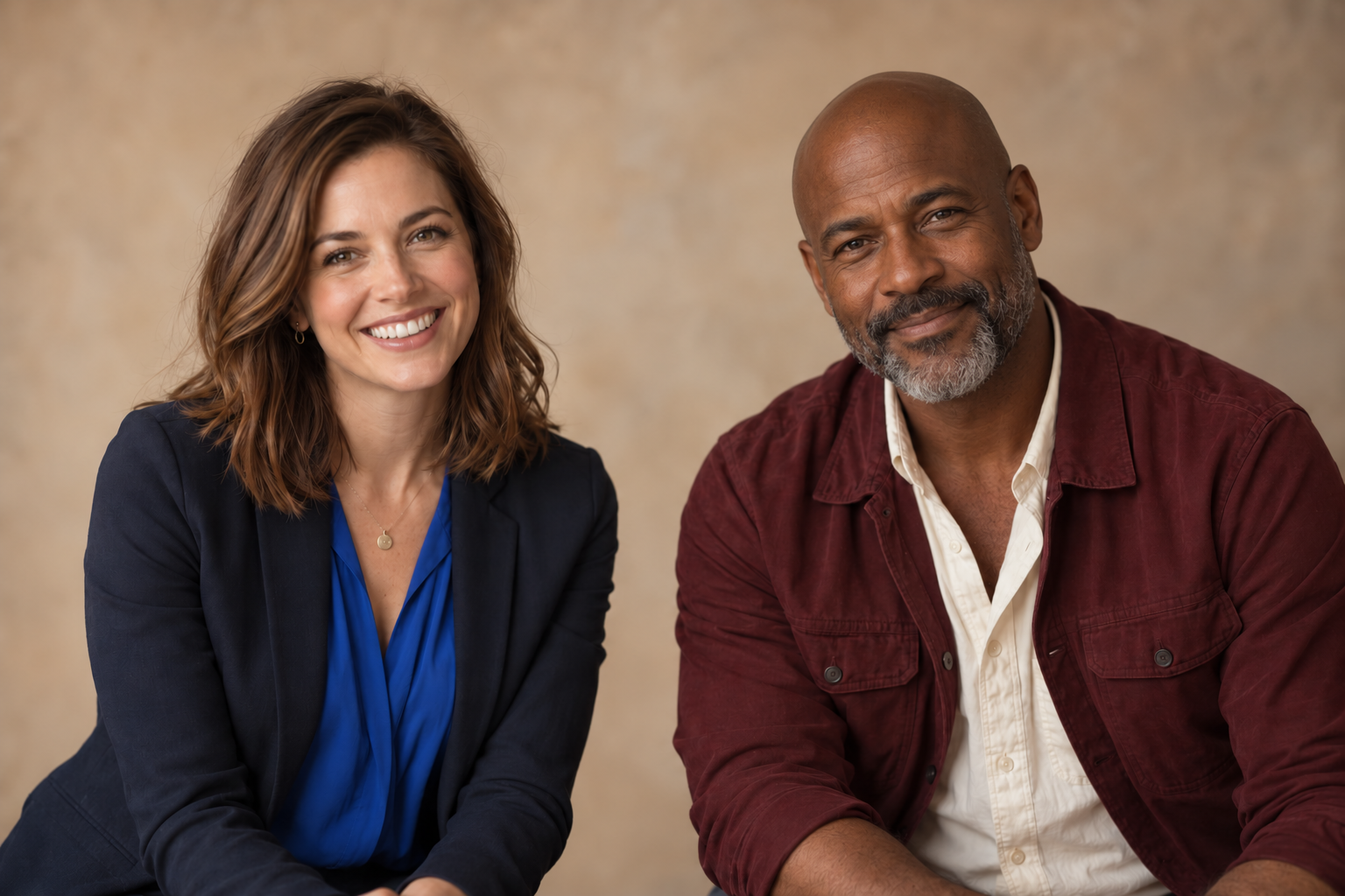 Jessica in blue and Hank in burgundy, smiling in a studio
